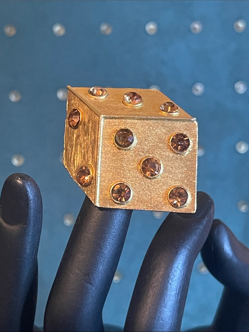 Vintage Kramer Gold Plated 3D Amber Rhinestone Dice Brooch